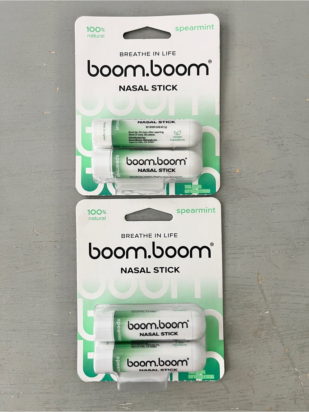 NEW 2 Packs Boom Boom Daily Use Nasal Stick  Spearmint 4 Total Sinus Menthol